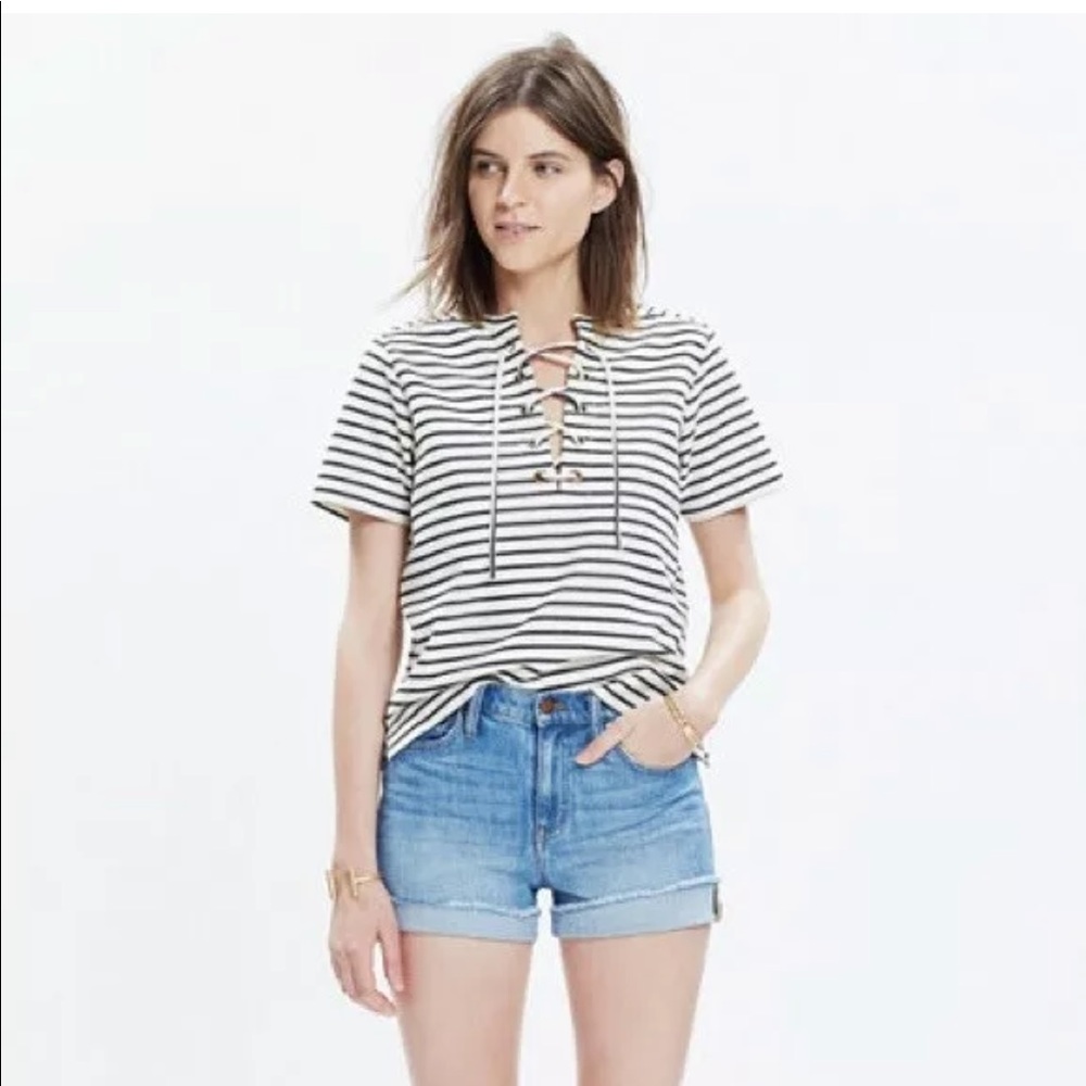 Madewell Striped Lace Up Criss Cross Short Sleeve